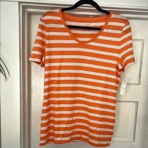 Talbots Womens L V Neck Cotton Casual T Orangish more of a coral & peach Stripe